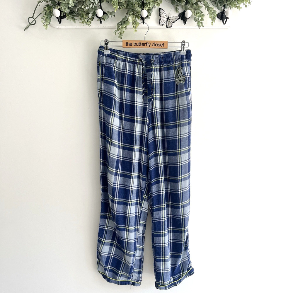 Psycho Bunny Pajama Pants Men Blue Green Plaid Cotton Rayon Size Small M3201